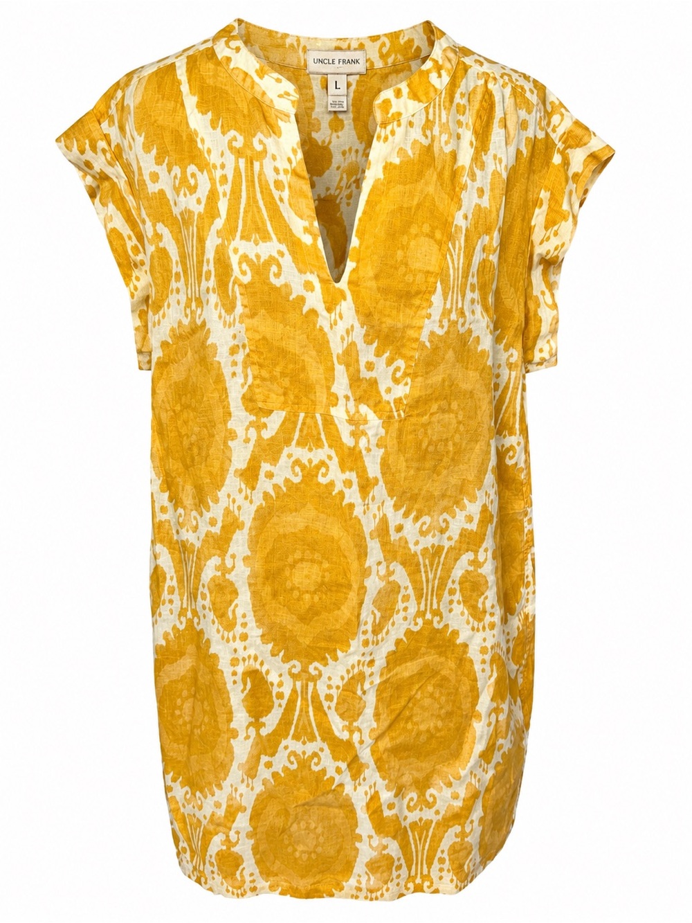 Uncle Frank 100% Linen Ikat Shift Dress L Yellow Resortwear Coastal Grandma Mini